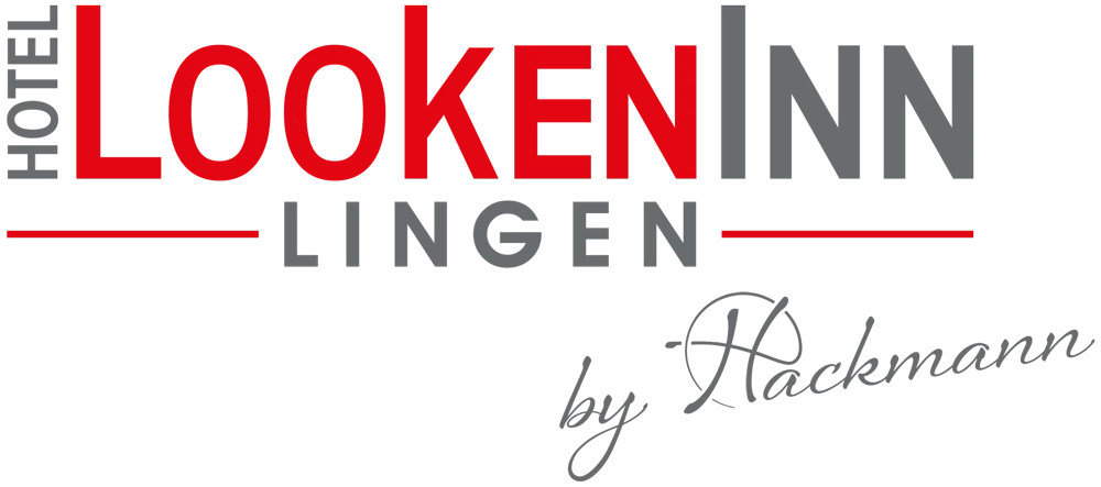 Logo des LOOKEN INN Lingen by Hackmann Hotels in Rot, Grau und Schwarz.