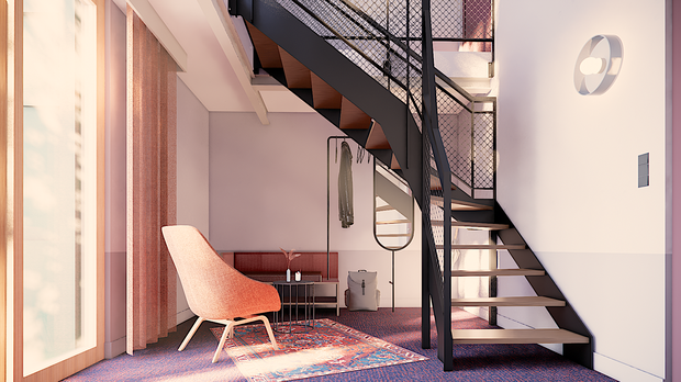 Visualisierung Maisonettezimmer Wohnbereich | The MEADOW Hotel Gronau Visualisierung der unteren Ebene eines Maisonettezimmers mit Sitzbereich und Treppe im The MEADOW Hotel Gronau by Hackmann.