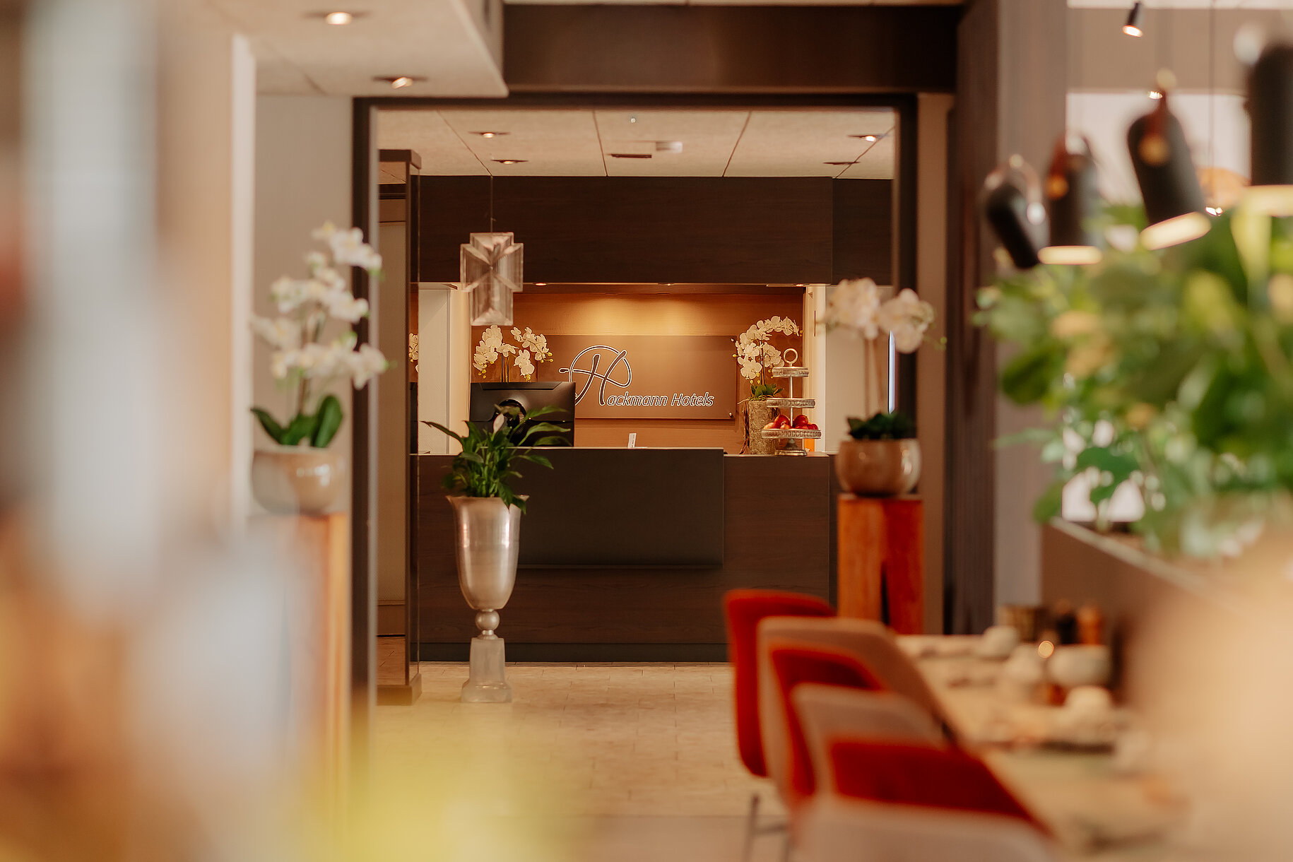 Blick vom Frühstücksraum zur Rezeption im Parkhotel Papenburg.