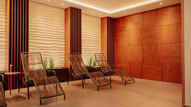 Ruheraum mit komfortablen Liegen im Wellnessbereich des Stadthotel Borken by Hackmann