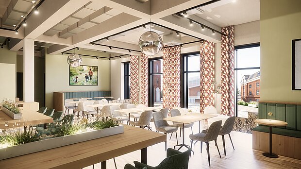 Visualisierung Frühstücksbereich | The MEADOW Hotel Gronau Visualisierung des Frühstücksbereichs mit Buffet und Sitzgelegenheiten im The MEADOW Hotel Gronau by Hackmann.