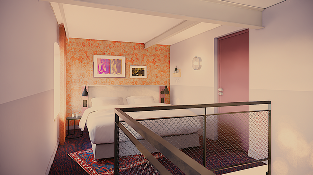 Visualisierung Maisonettezimmer Schlafbereich | The MEADOW Hotel Gronau Visualisierung der oberen Schlafebene eines Maisonettezimmers mit Doppelbett im The MEADOW Hotel Gronau by Hackmann.