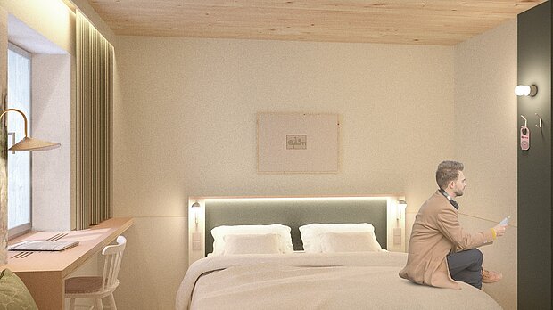 Visualisierung Gästezimmer | The MEADOW Hotel Gronau Visualisierung eines modernen Gästezimmers im The MEADOW Hotel Gronau by Hackmann mit hellem Design und wohnlicher Atmosphäre.