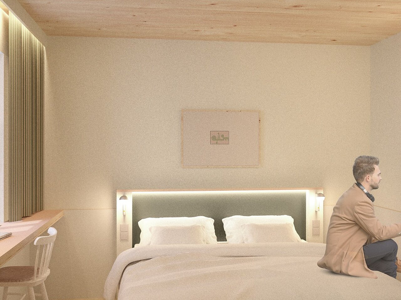 Guest Room Visualization | The MEADOW Hotel Gronau Visualization of a modern guest room at The MEADOW Hotel Gronau by Hackmann featuring bright design and a welcoming atmosphere.