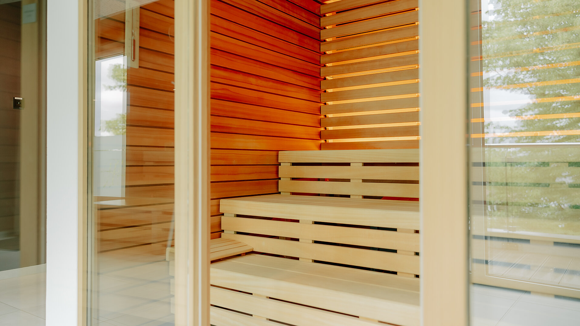 Blick durch die Tür in eine Sauna mit klarer Holzstruktur