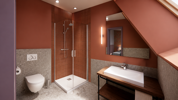 Visualisierung Badezimmer | The MEADOW Hotel Gronau Visualisierung eines modernen Badezimmers mit Dusche im The MEADOW Hotel Gronau by Hackmann.