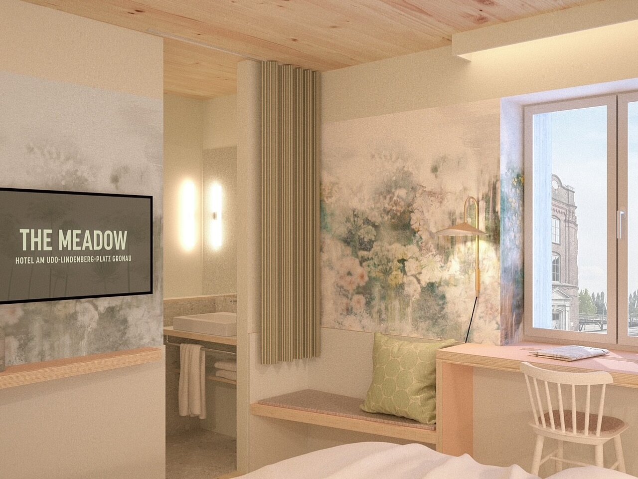 Guest Room with Lounge Area Visualization | The MEADOW Hotel Gronau Visualization of a spacious guest room with lounge area, sofa, and modern interior at The MEADOW Hotel Gronau by Hackmann.