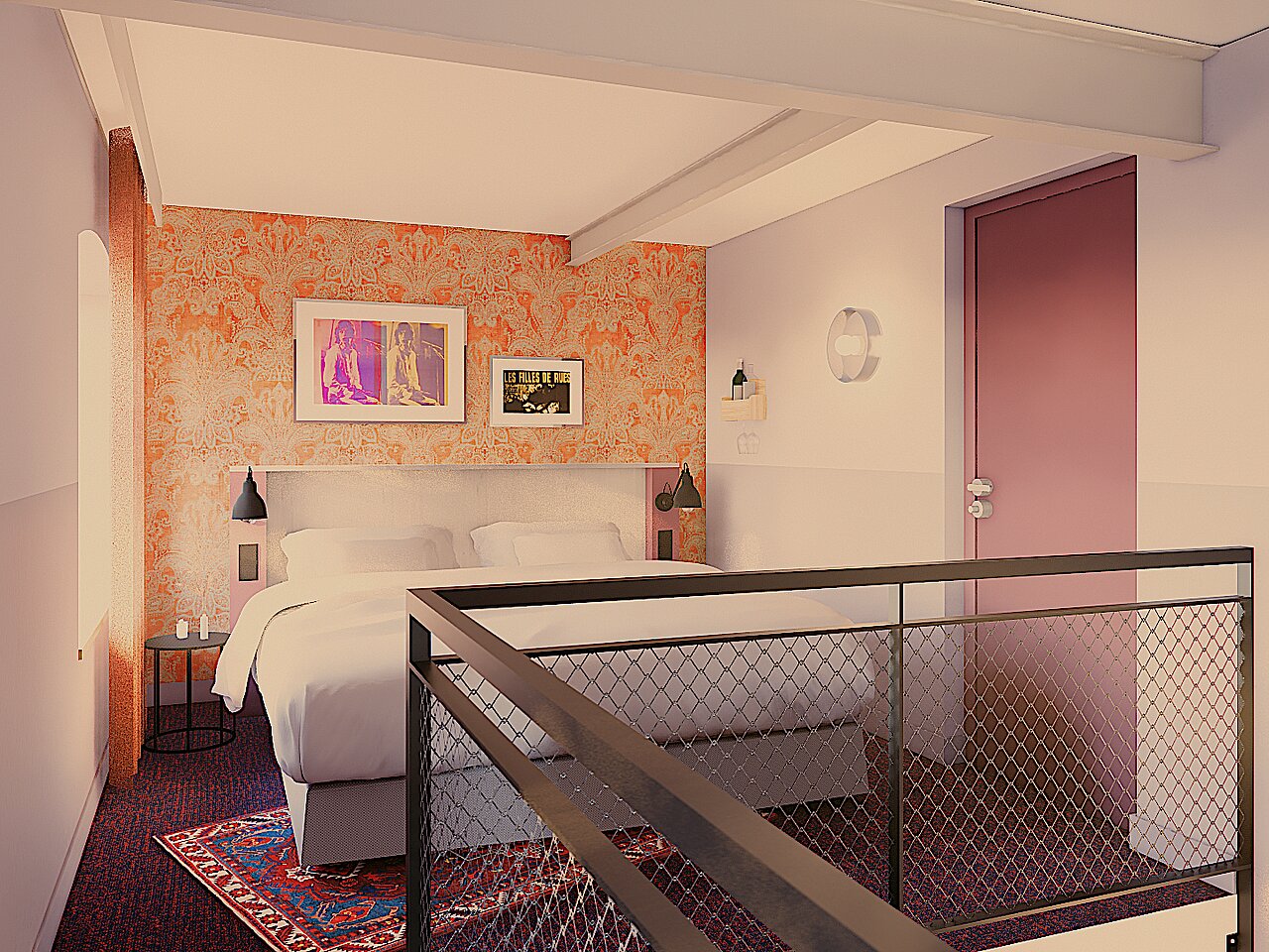 Maisonette Room Sleeping Area Visualization | The MEADOW Hotel Gronau Visualization of the upper sleeping level of a maisonette room with double bed at The MEADOW Hotel Gronau by Hackmann.