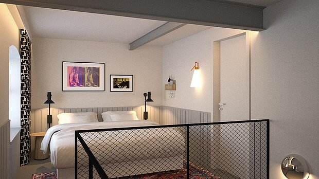 Visualisierung Duplexzimmer | The MEADOW Hotel Gronau Visualisierung eines modernen Duplexzimmers mit Schlafbereich auf zwei Ebenen im The MEADOW Hotel Gronau by Hackmann.