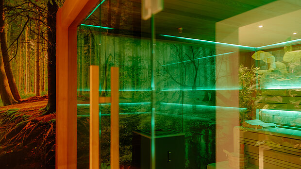 Finnische Sauna mit Naturmotiv im Wellnessbereich des Stadthotel Borken by Hackmann
